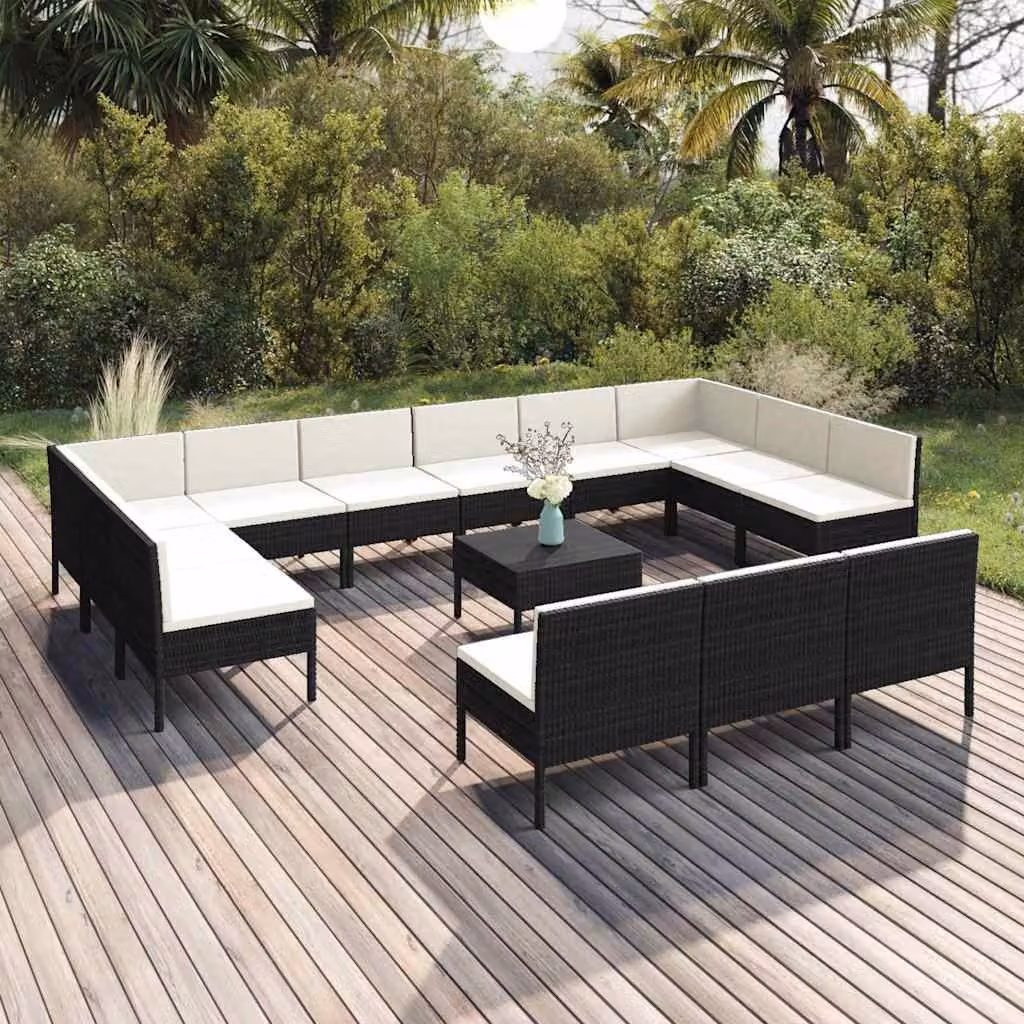 Set Divani da Giardino vidaXL 14 Pezzi a Forma di U con Tavolino e Cuscini, Colore Nero e Bianco