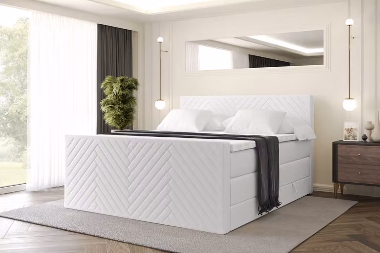 Letto boxspring ALTDECOR con materasso e rete a doghe, topper, letto imbottito con contenitore, letto con spazio contenitivo per materassi H3 e H4, letto matrimoniale, letto boxspring -VEXA-Z KING-120x200 - Pelle finta bianca