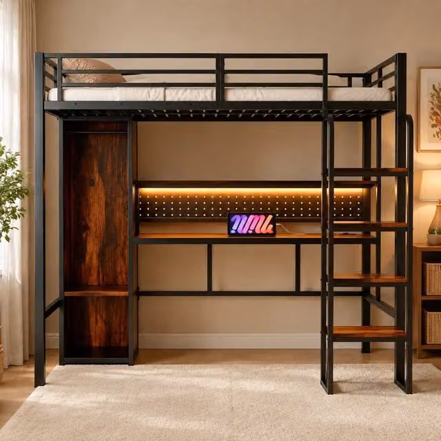 Letto a soppalco MIVRAY nero con scrivania, armadio, ripiano e illuminazione LED multicolore in metallo e MDF, L/P/H: 208 x 90 x 170 cm – 1
