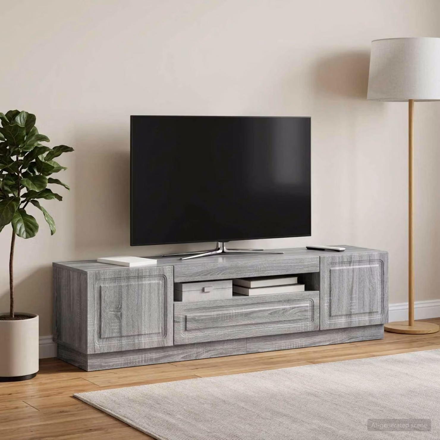 Mobile TV LED vidaXL in legno ingegnerizzato color grigio Sonoma con illuminazione integrata e scomparti multimediali