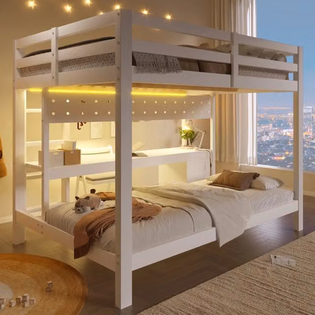 Letto a castello 140x200 cm e 90x200 cm con cassetti; scrivania; LED in pino e MDF bianco