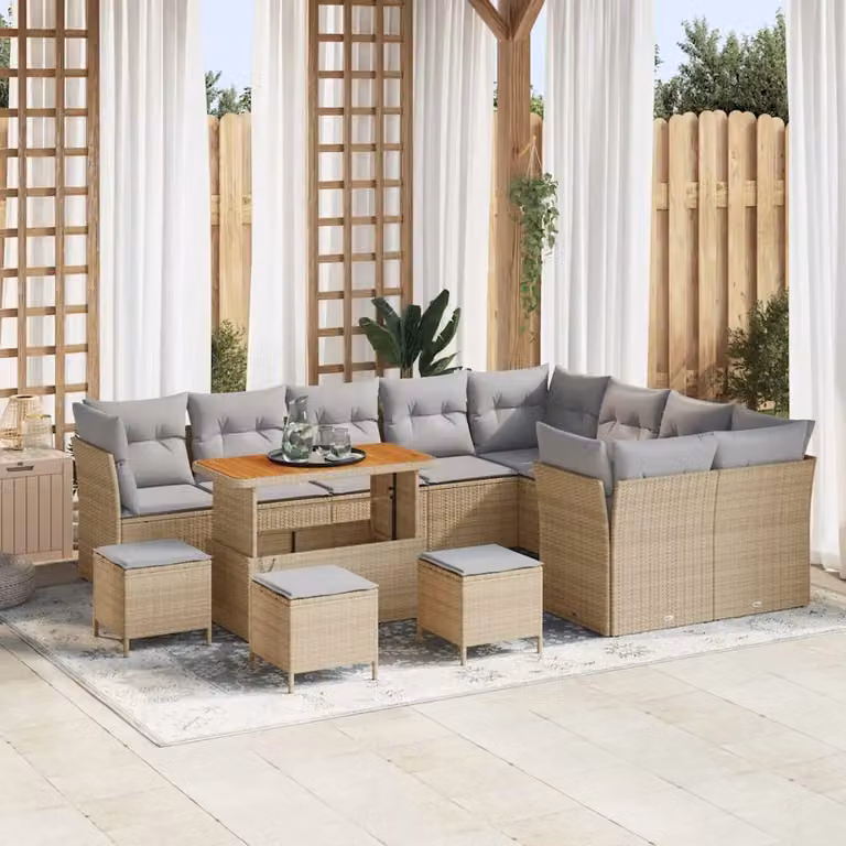 Set Divano da Giardino vidaXL a forma a U in Polyrattan Beige con 13 Pezzi e Cuscini