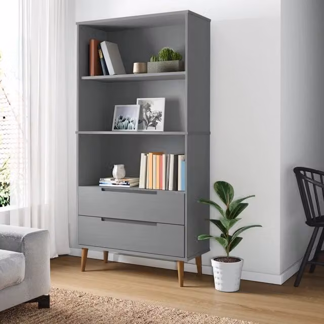 Libreria MOLDE vidaXL in Legno Massello di Pino Grigia con Pannello Posteriore L: 85 cm, P: 35 cm, H: 170,5 cm – 1
