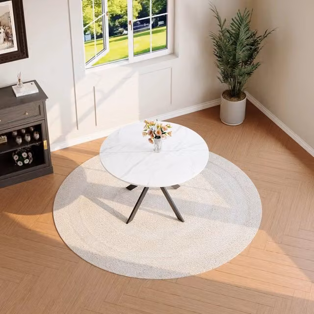 Tavolo da pranzo rotondo Minimal con effetto marmo bianco e telaio nero in MDF e metallo Diametro: 110 cm, Altezza: 76 cm – 1