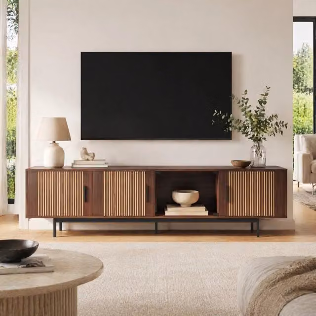 Mobile TV 200 cm marrone/nero con LED, anta in vetro temperato e vani