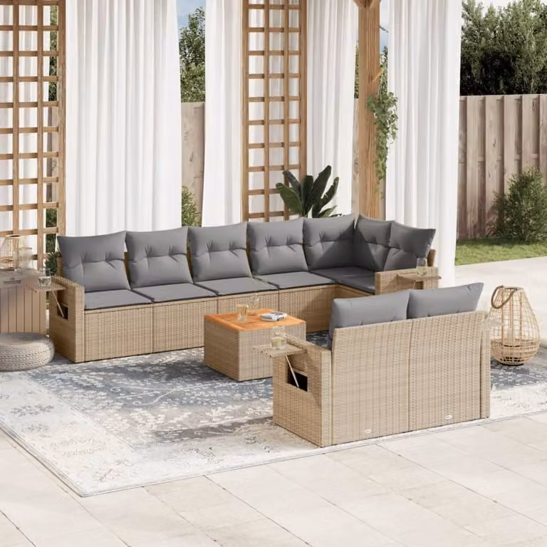 vidaXL Set Divano da Giardino a L in Polyrattan con Cuscini Beige e Tavolino da Caffè, 9 Pezzi