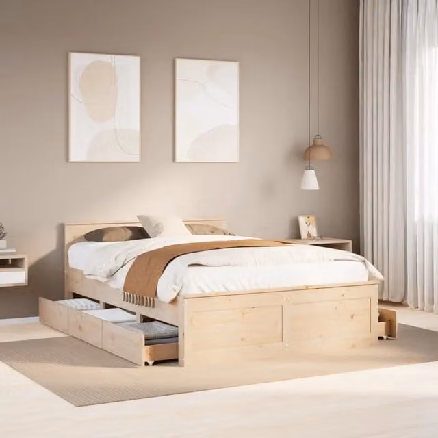 Letto con testata in legno massello di pino vidaXL, colore beige, L/P/H: 150 x 200 x 154,5 cm
