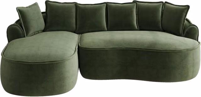 Sofà modulare senza telaio in tessuto chenille verde con chaise longue e cuscini, design ergonomico, forma a L