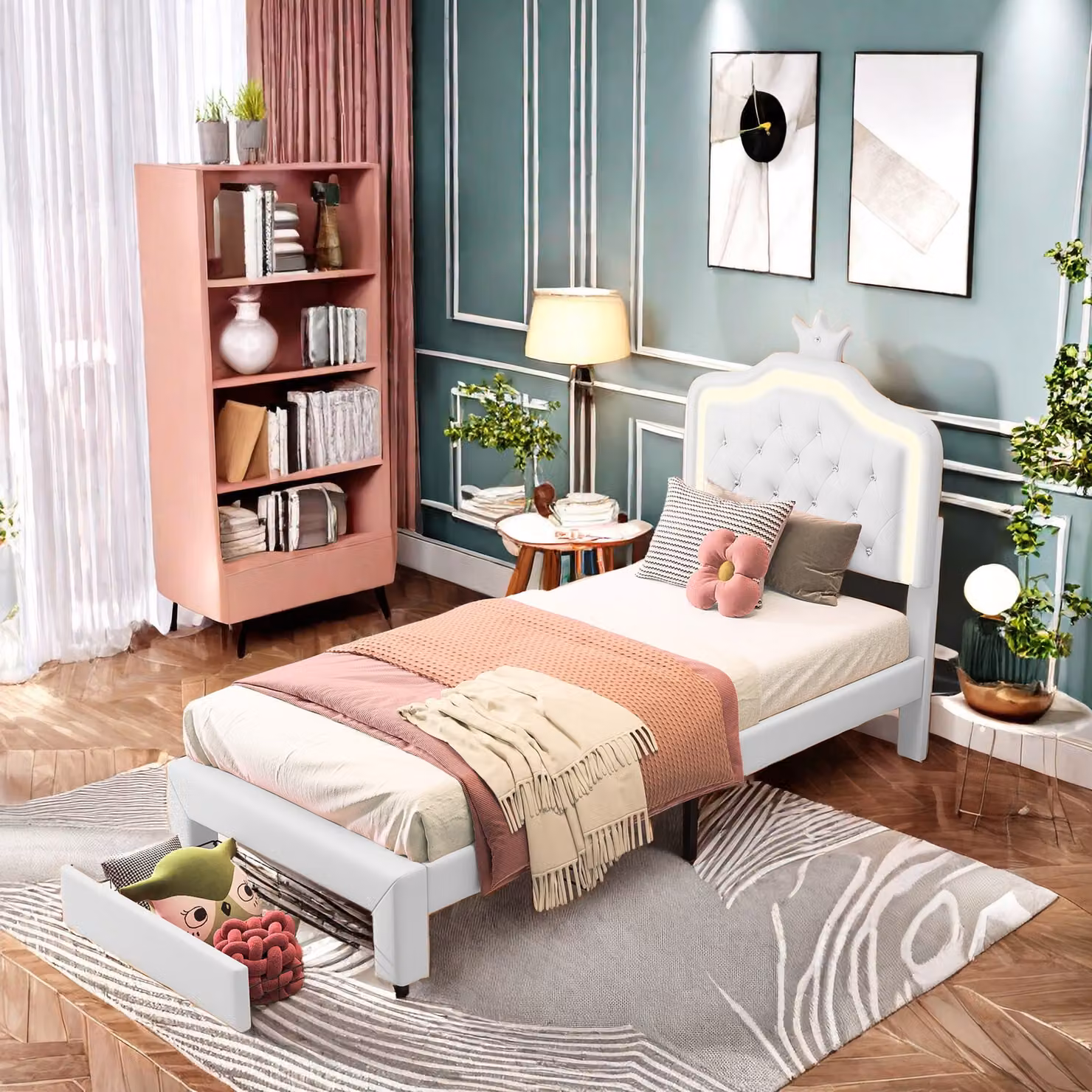 Letto per bambini imbottito 90x200cm con rete a doghe, letto per ragazzi letto per bambini con led, letto singolo con cornice, cassetti, letto in legno classico, PU
