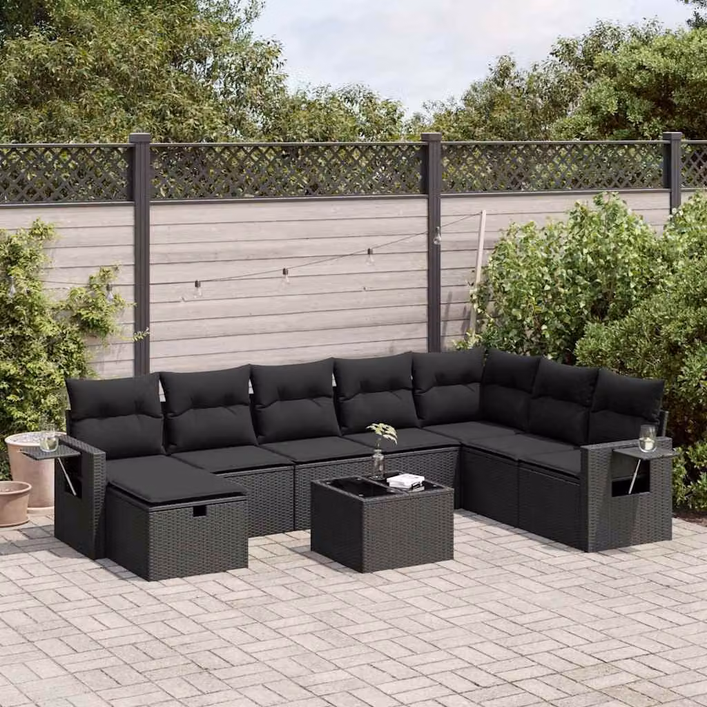 Set di divani da giardino vidaXL in polyrattan nero con cuscini, tavolino e pouf, composizione a forma di U per esterno