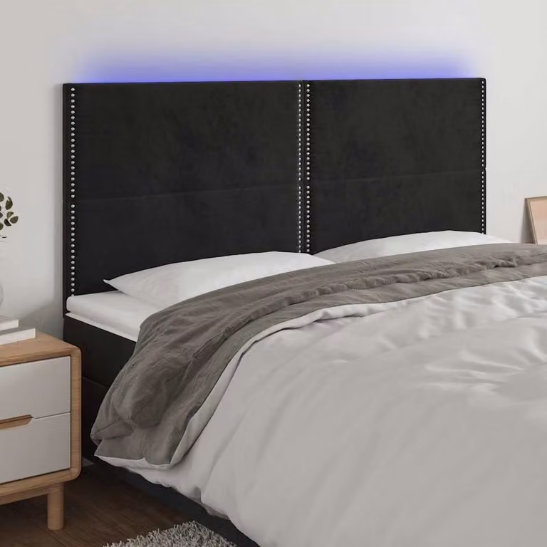 Testiera per letto vidaXL in velluto nero con illuminazione LED e porta USB, L: 200 cm, P: 5 cm, H: 118/128 cm