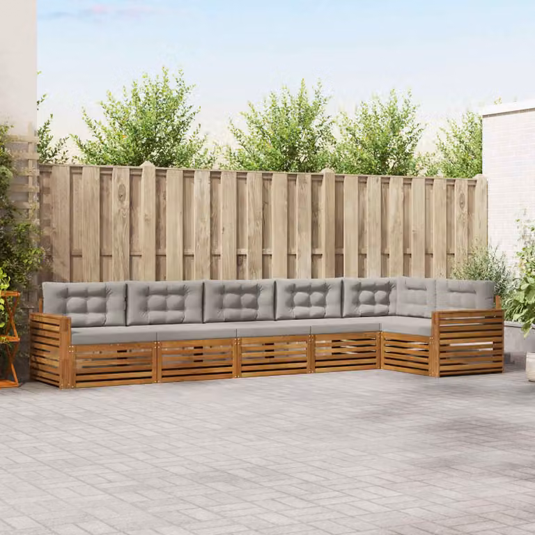 Set di divani da esterno vidaXL a forma di L in legno di acacia con cuscini, 6 pezzi, Grigio