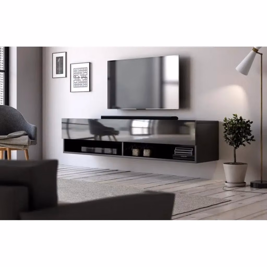 Mobile porta TV sospeso Meublorama CLUJ moderno in MDF nero lucido L: 140 cm, P: 32,8 cm, H: 31,0 cm – 2