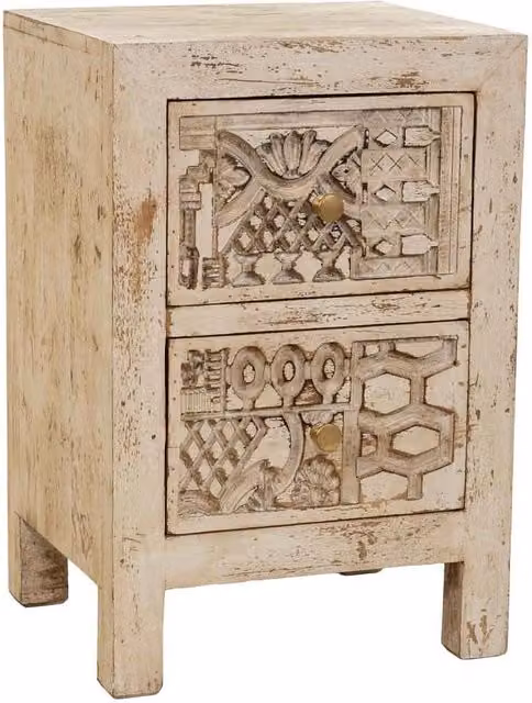Comodino in legno intagliato a mano beige, 40x35x60h cm