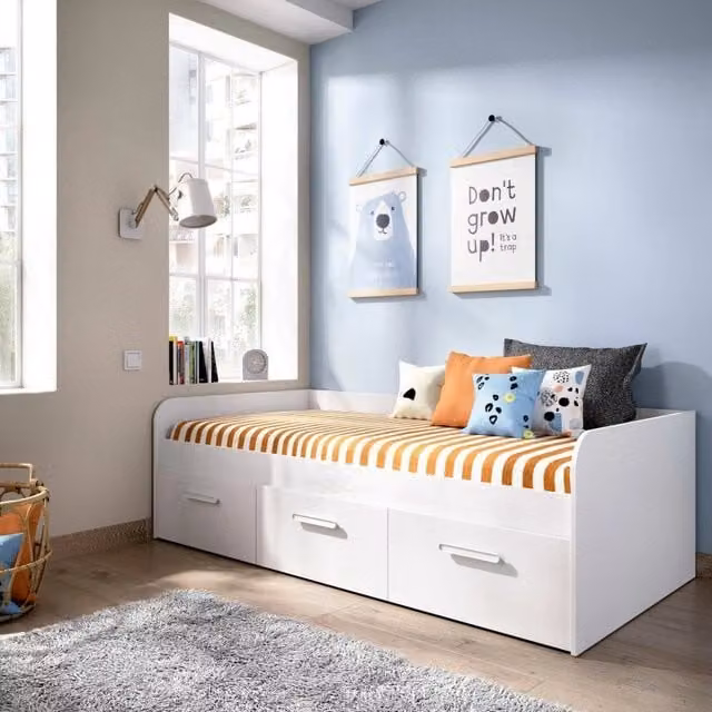 Letto singolo per bambini Aco DMORA con 3 cassettoni, Bianco, L: 194,3 cm, P: 90 cm, H: 97 cm