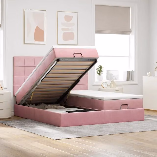 Letto con contenitore a sollevamento vidaXL in velluto rosa e bianco L: 200 cm, P: 200 cm, H: 203 cm