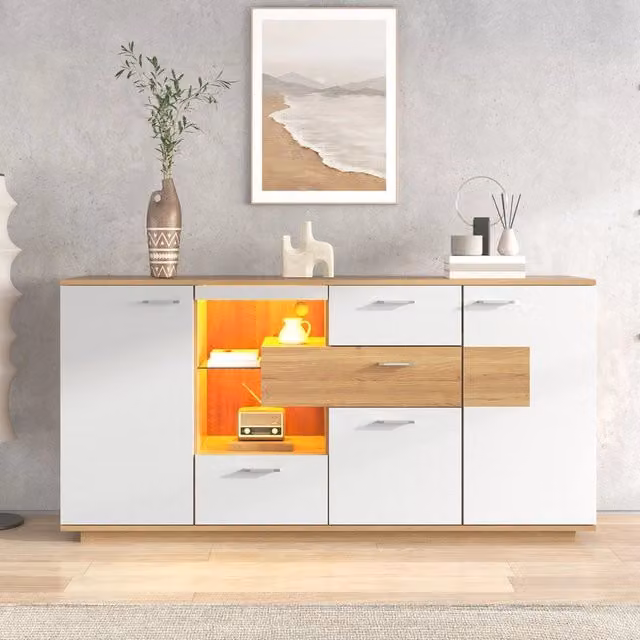 Mobile TV con LED, Ante e Cassetti ¨C MINIMAL ¨C Bianco, Legno, 160x40x77