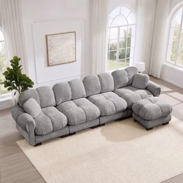 Divano angolare modulare a L OKWISH con pouf mobile, tessuto chenille grigio, L 330 cm x P 149 cm x H 90 cm