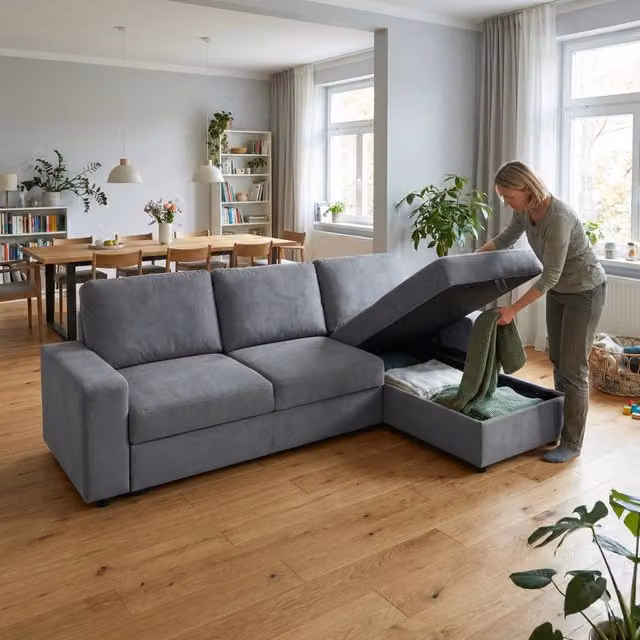 Divano Angolare con Contenitore ¨C MINIMAL ¨C Tessuto, 4 Vani, Ottomane