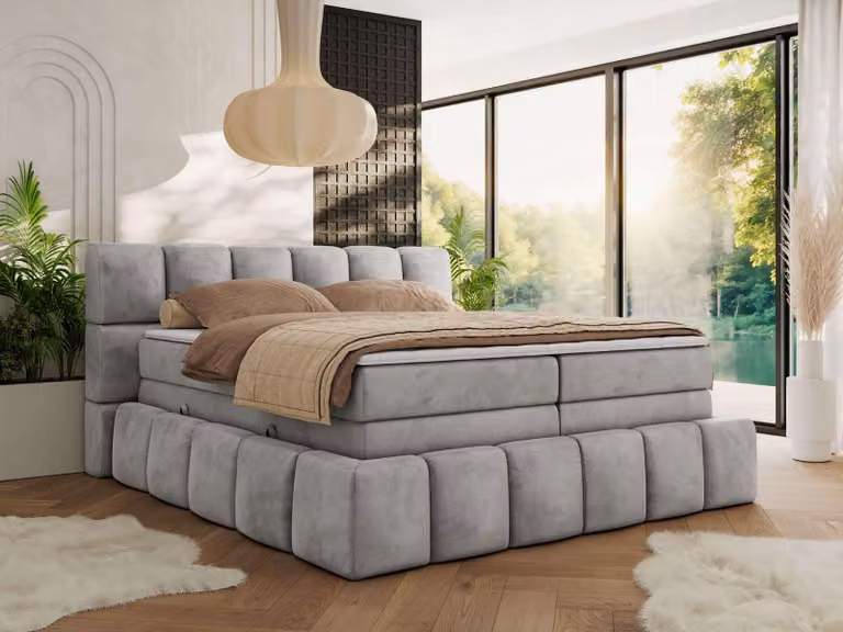 Letto a molle MKS MEBLE 180 x 200 con rete NIRA KING, letto imbottito con materasso a 7 zone e topper, letto matrimoniale - Velluto grigio chiaro - H3