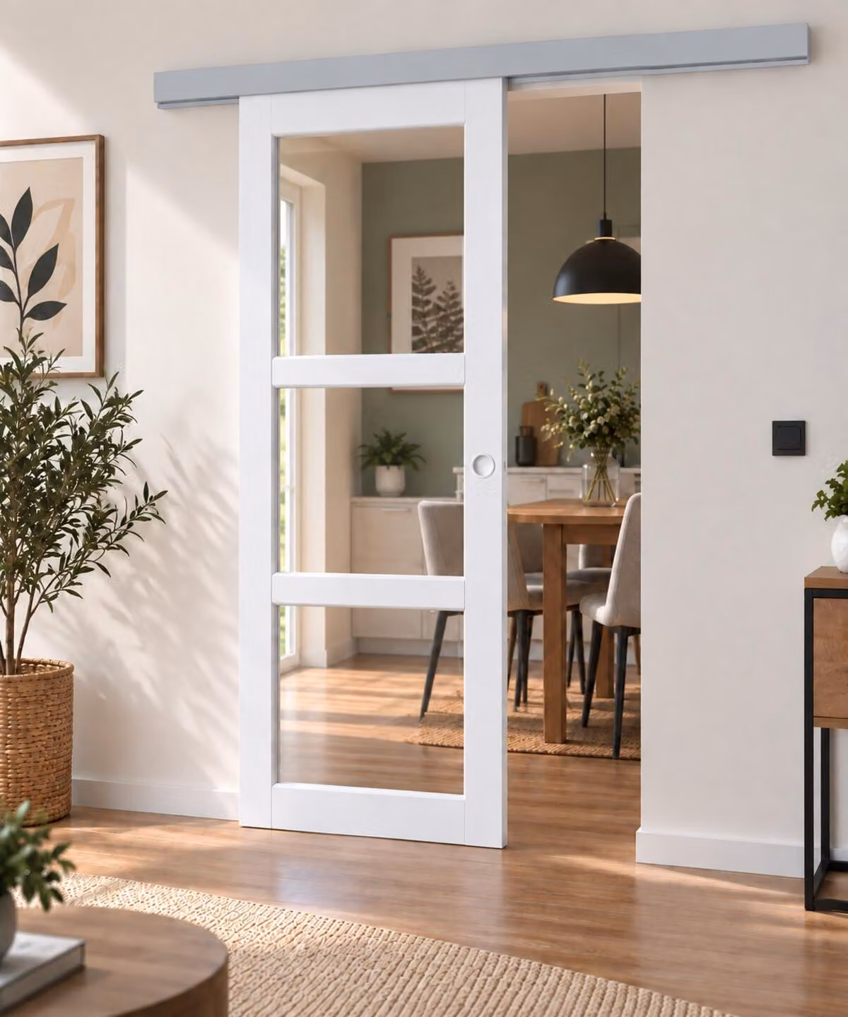 Porta scorrevole Kenya bianca con vetro trasparente H204 x L83 cm, binario in alluminio, conchiglie bianche GD MENUISERIES