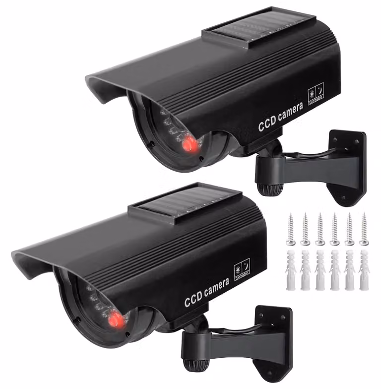 2 telecamere di sicurezza finte con LED rosso lampeggiante, adatte sia per interni che per esterni