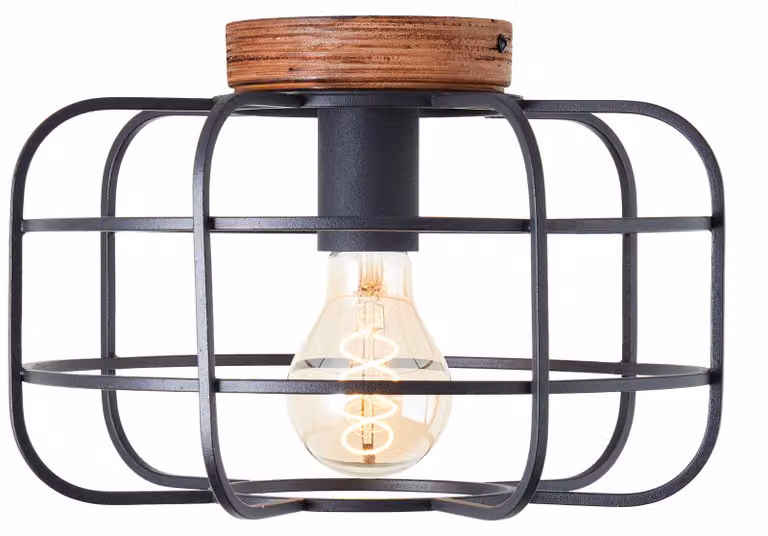 Brilliant Lampe Gwen plafoniera 30cm legno antico/metallo corindone nero/tessuto/legno marrone 1x A60, E27, 40 W