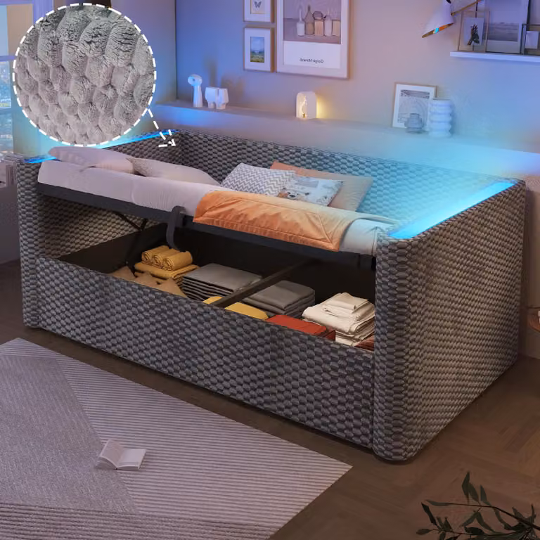 Flieks divano letto idraulico 90x200cm con contenitore, letto imbottito con led, letto contenitore per ragazzi con rete a doghe, daybed in velluto, grigio