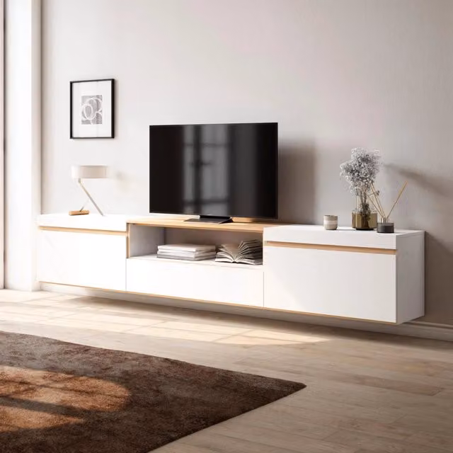 Mobile TV Soggiorno, 260x45x35cm, TV di grande formato, Sospeso, da appendere, Bianco e Rovere soft