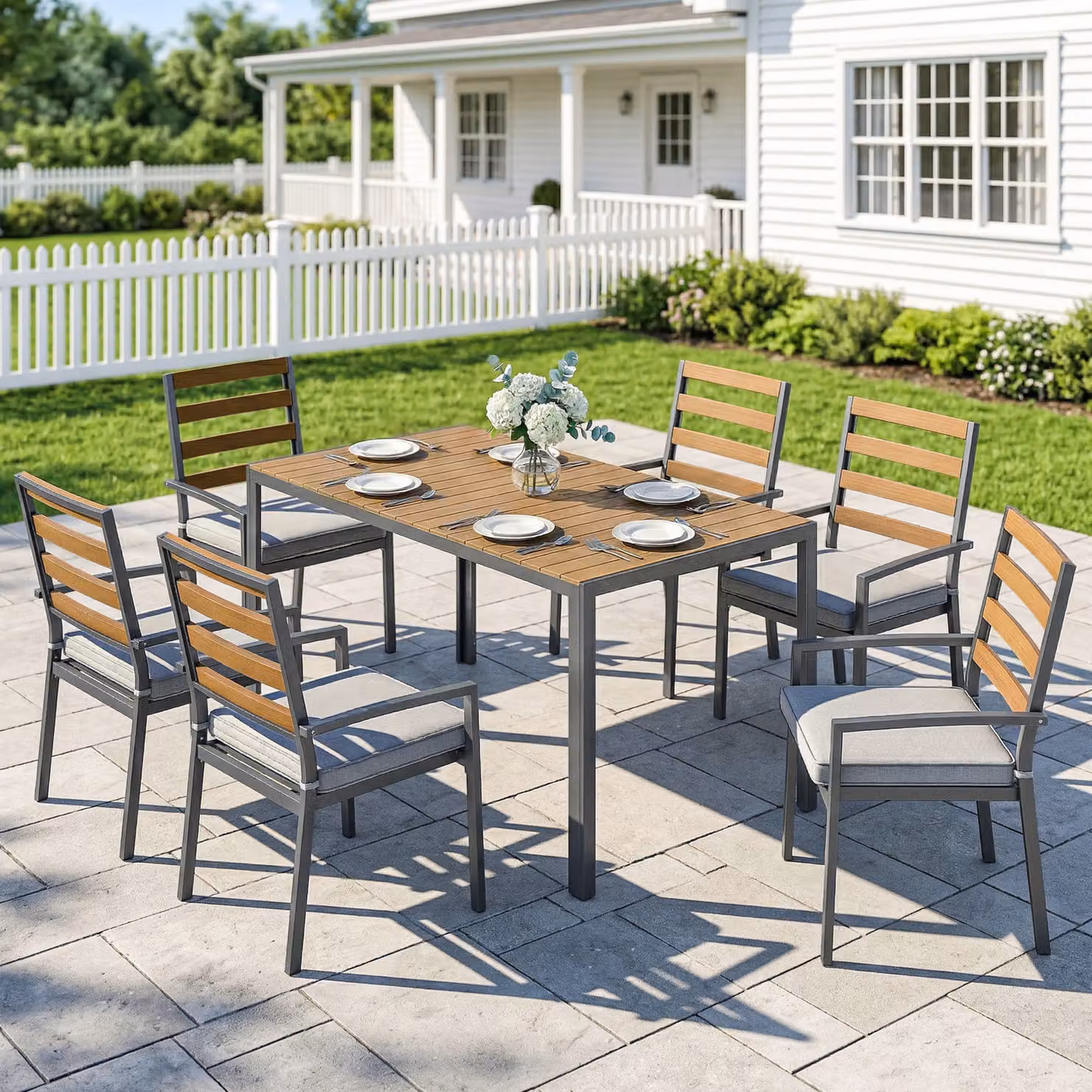Set da giardino Outsunny composto da 7 pezzi con tavolo da pranzo, 6 sedie e cuscini in legno naturale e colore marrone – 2