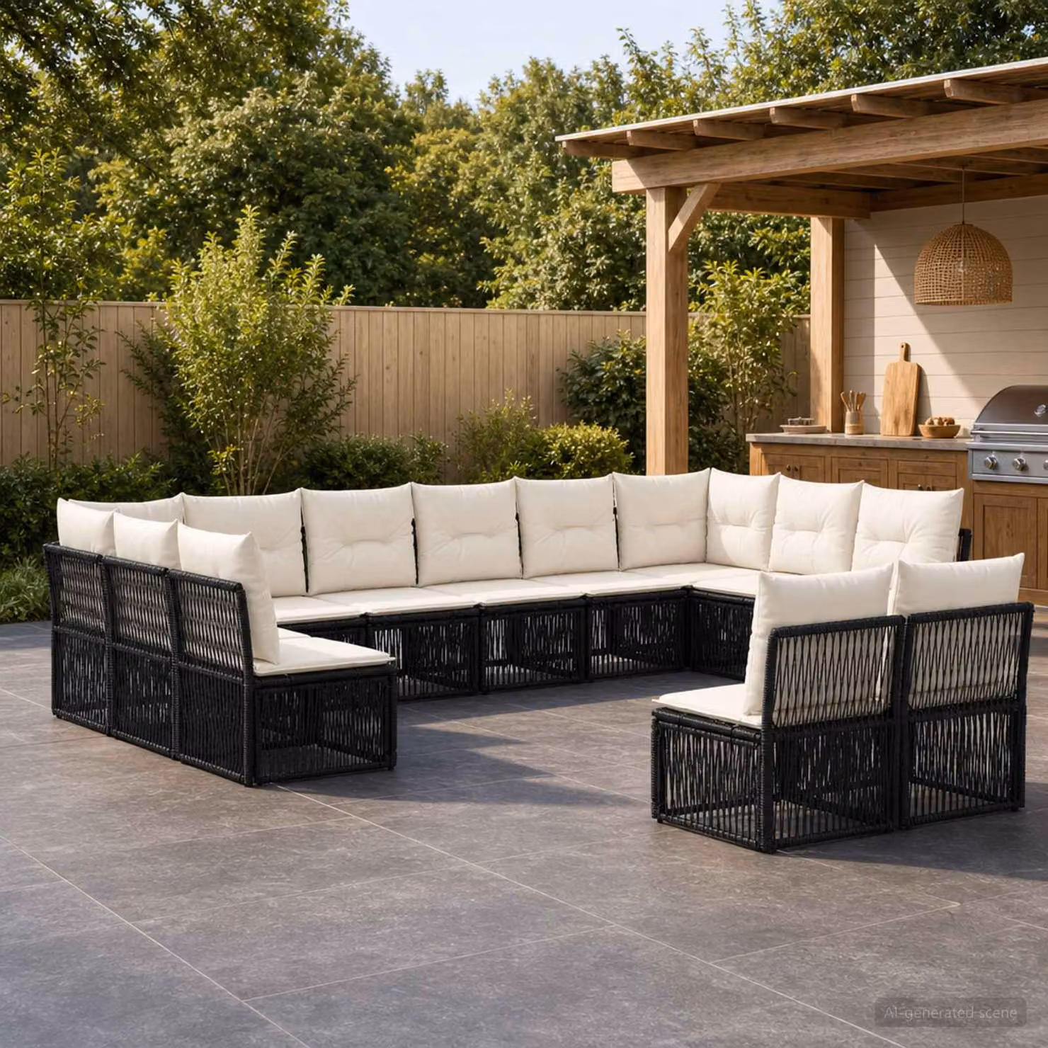 Set Divano da Giardino a Forma a U vidaXL in Polyrattan Nero con Cuscini e Coperture Rimovibili