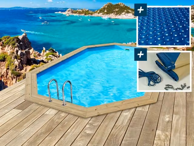Piscina in legno Cancun Habitat et Jardin colore marrone con copertura a bolle 180 µ e copertura invernale 280 g/m², L: 6,53 m, P: 4,41 m, H: 1,45 m – 1