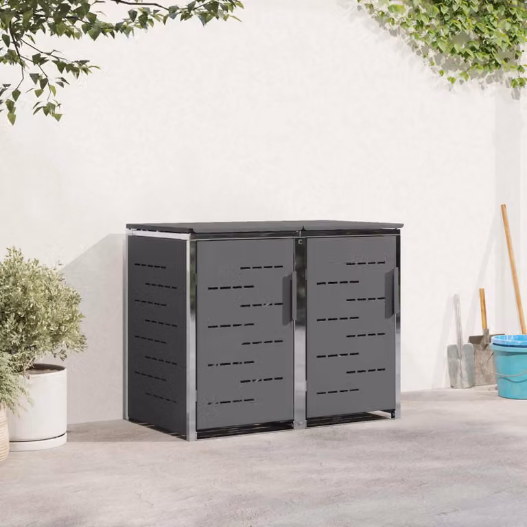 Contenitore per stoccaggio con ruote vidaXL per 2 bidoni da 240L in acciaio inox, colore antracite/grigio, L: 138,0 cm, P: 112,5 cm, H: 77,5 cm