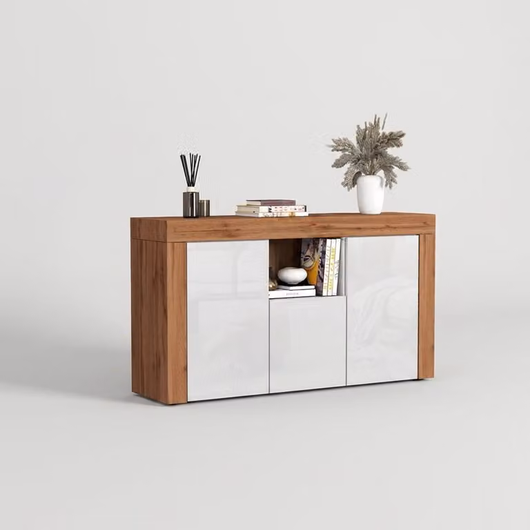 Mobile bar moderno con 4 ante e ripiani aperti, modello Torven - Bianco