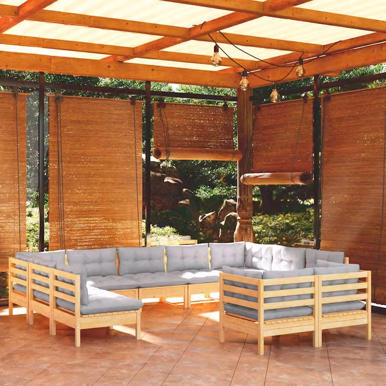 Set di divani da giardino vidaXL a forma di U composto da 11 pezzi in legno massello di pino con cuscini grigi