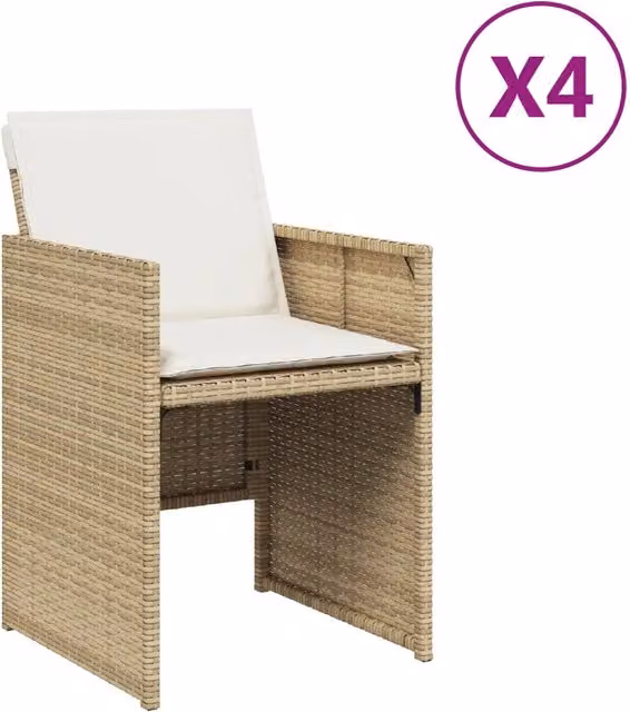 Set di 4 sedie da giardino in polyrattan con cuscini beige e struttura in metallo con braccioli