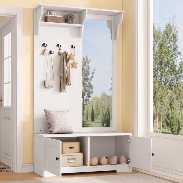 Armadio porta scarpe REDOM bianco con specchio e seduta integrata, moderno in MDF, L: 100 cm, P: 40 cm, H: 180 cm