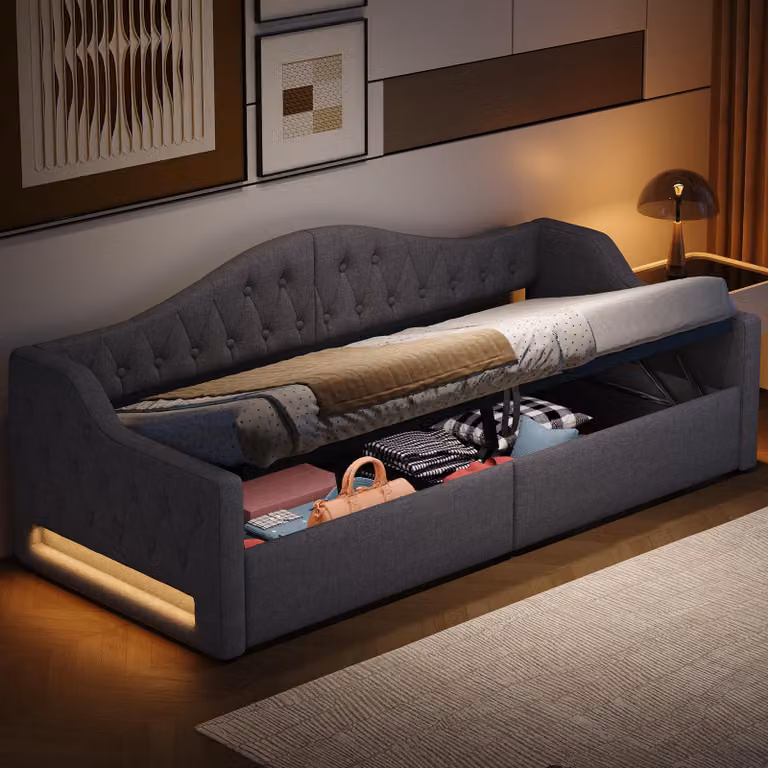 Letto imbottito idraulico Flieks 90x200cm con contenitore, divano letto day bed con schienale e braccioli, letto singolo youth bed con led, lino, grigio