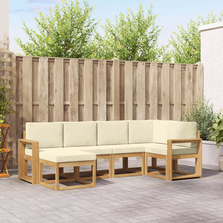 Set di divani da esterno vidaXL a forma di L composto da 6 pezzi in legno di acacia con cuscini, colore bianco e beige