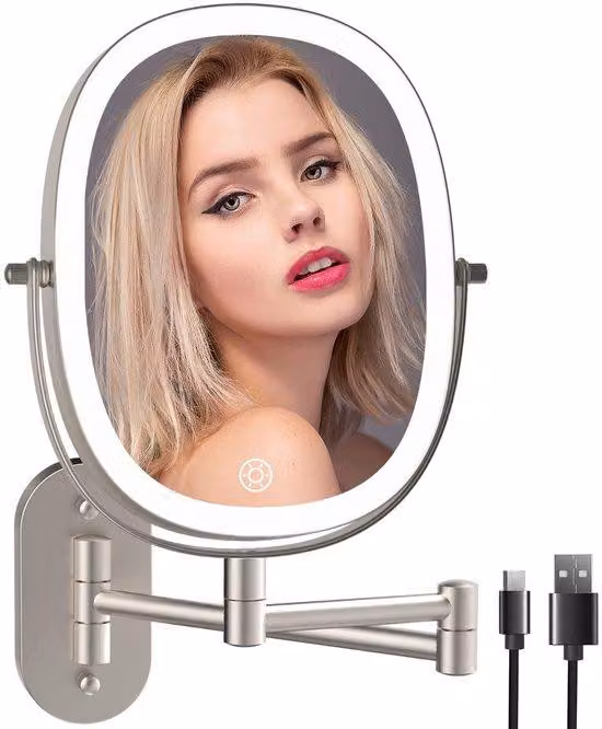 Specchio da trucco con touchscreen, illuminazione a LED, rotazione a 360°, 3 colori, ingrandimento 1x/7x, intensità regolabile