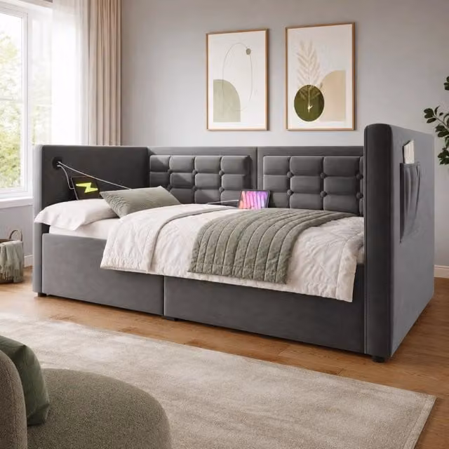 Divano letto 90 × 190 cm con contenitore idraulico; stazione USB e Type-C; rivestimento in velluto grigio