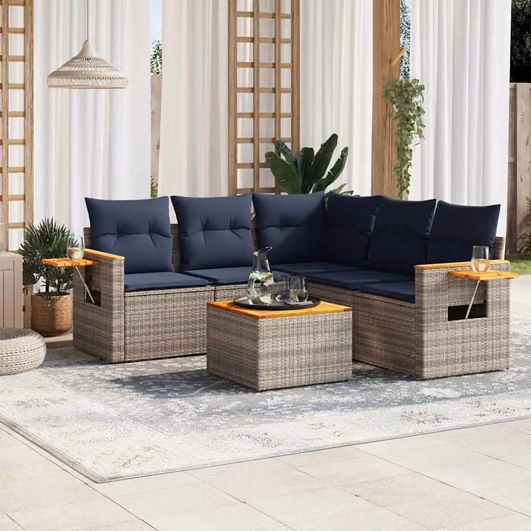vidaXL Set Divani da Giardino a L 6 pz in Polyrattan Grigio con Cuscini e Tavolino da Esterno