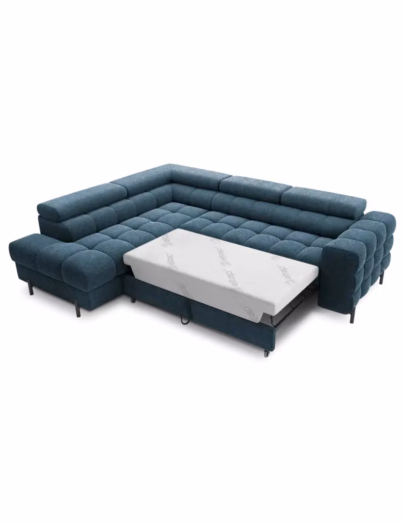 Divano letto angolare a L FERRUM di MEUBLORAMA, blu, 5 posti con angolo a sinistra, schiuma fredda e struttura in legno e metallo, L/P/H: 276 x 93 x 200 cm – 2