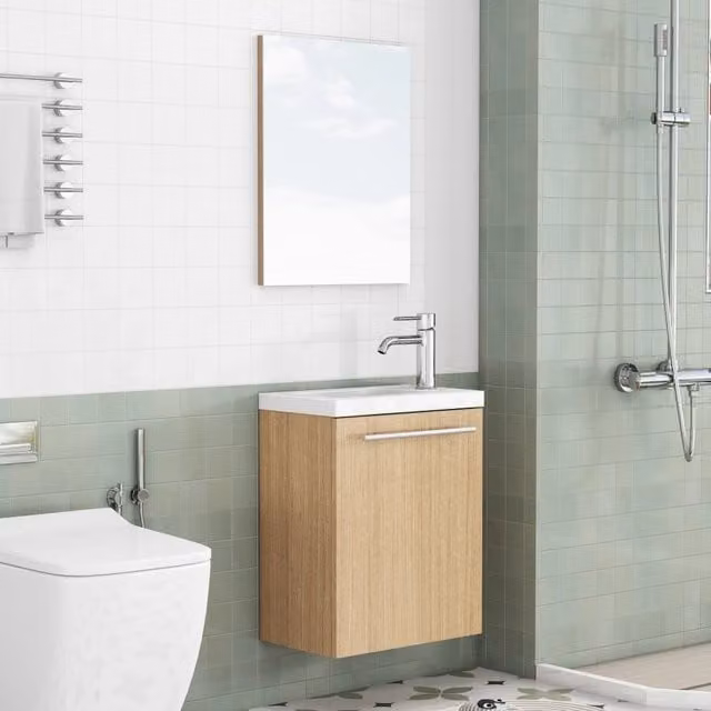 Mobile bagno sospeso con lavabo e specchio; ante ammortizzate in MDF naturale