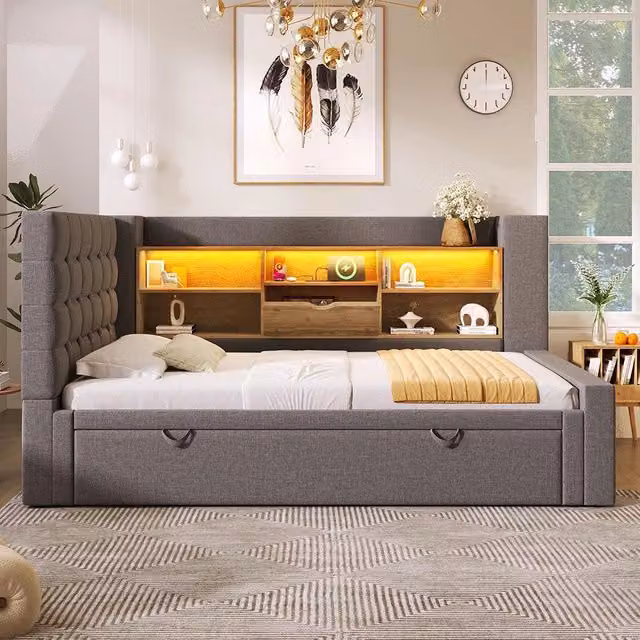 Letto imbottito 90x200cm con letto estraibile 90x190 - Xylo - Testiera a L con illuminazione LED e spazio di archiviazione