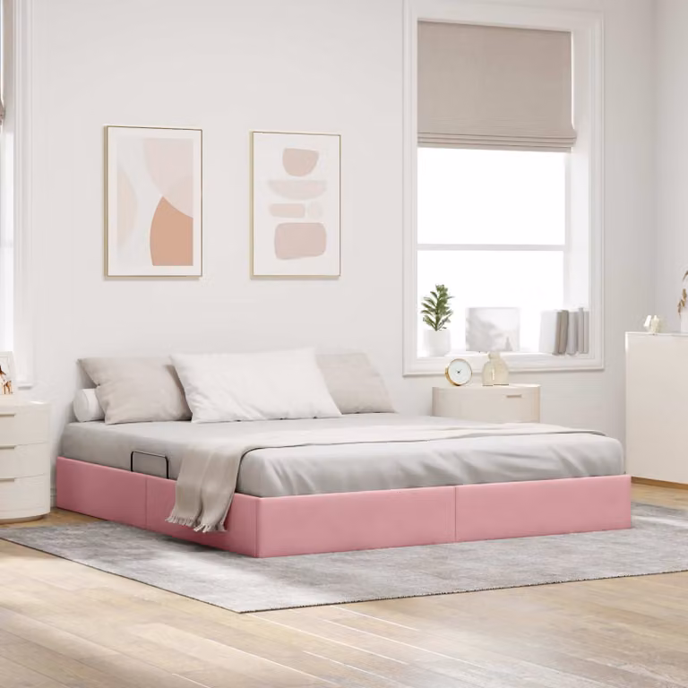 Letto ottomano con contenitore vidaXL in velluto rosa, L: 160 cm, P: 200 cm, H: 280 cm