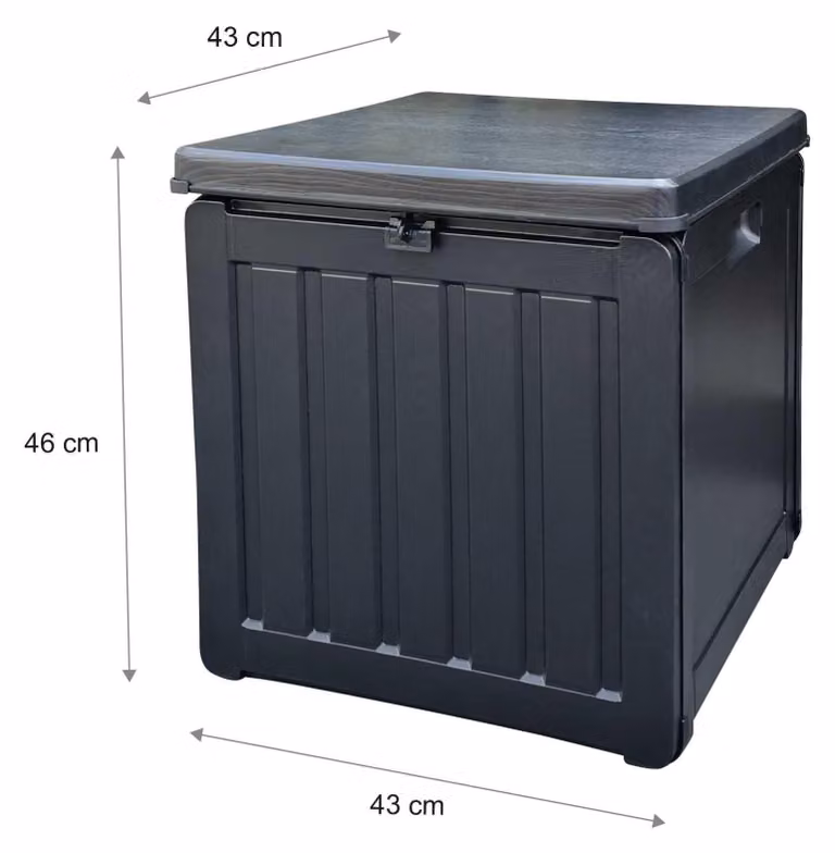 Contenitore per esterni, capacità 76 litri, dimensioni 42,8 x 42,8 x 46,4 cm, realizzato in resina e acciaio, dotato di maniglie, ideale per l'uso in giardino