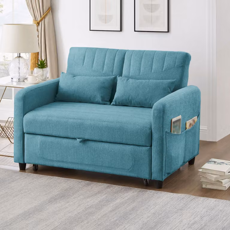STILVORA Divano letto a due posti con schienale regolabile su tre posizioni, rivestito in tessuto traspirante di cotone e lino, verde-blu