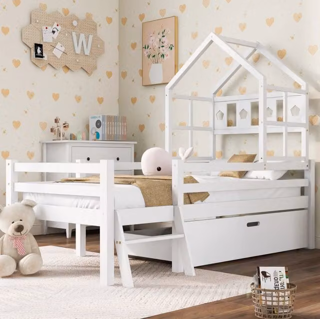 Letto a soppalco ULEVR 90x200 cm con scala, cassetto e rete a doghe, legno massello di pino bianco