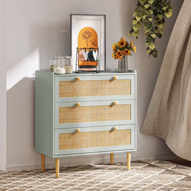 Cassettiera AIORBER, con frontali in rattan, 3 cassetti, con cerniere antiribaltamento, stabile, credenza, per camera e corridoio, 80 x 40 x 87,5 cm, verde